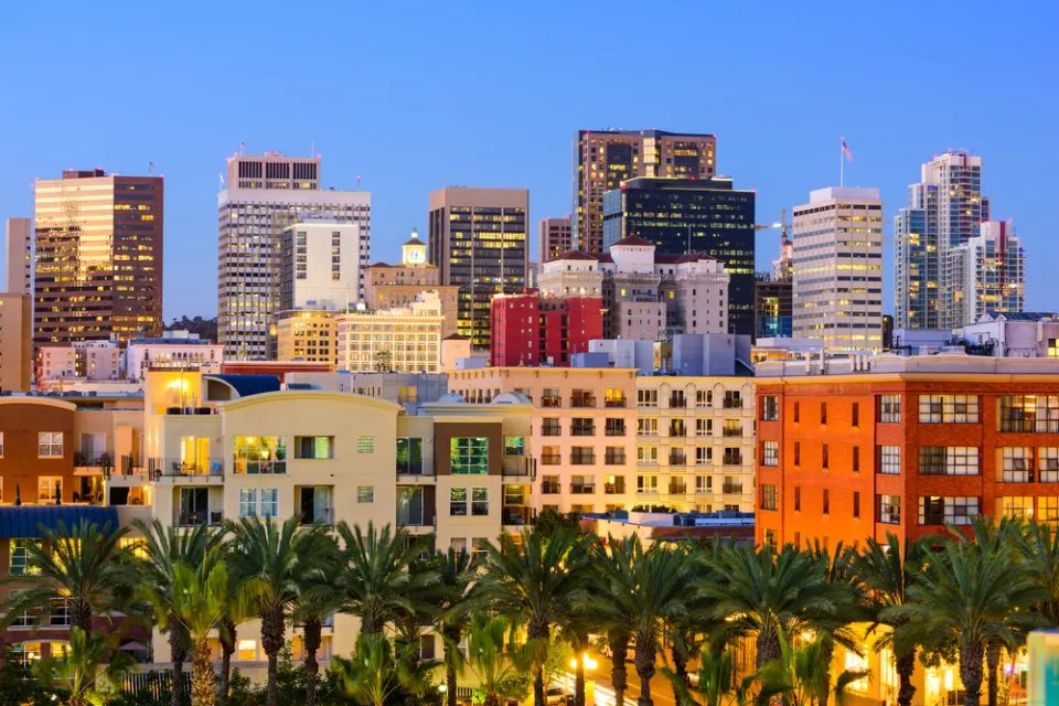 San Diego skyline and apartment buildings